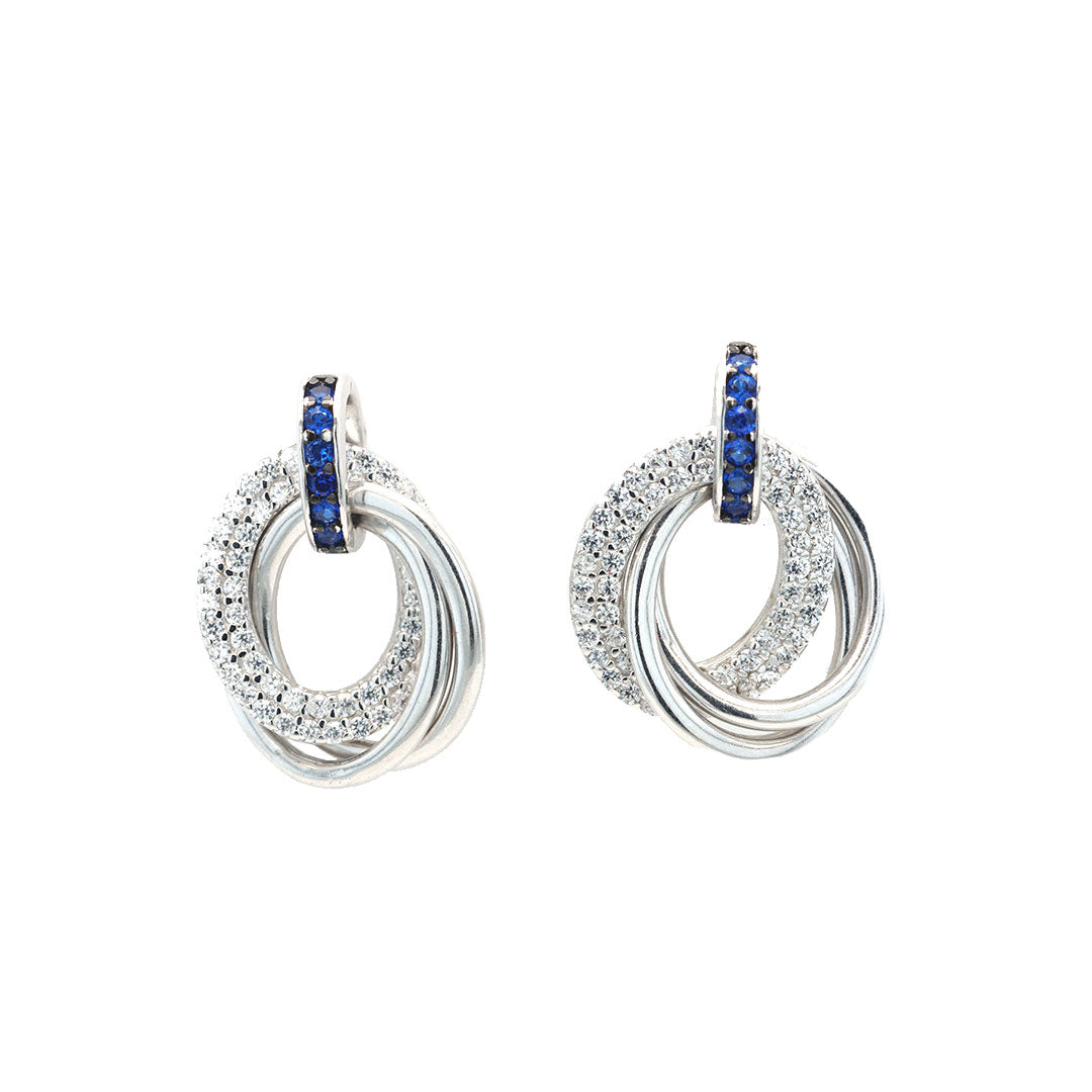 Three round linked silver diamond earring