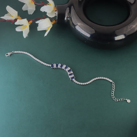 925 Sterling Silver  Blue Sapphire & Zircon Baguette Tennis Bracelet For Women