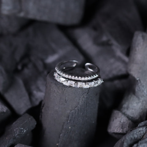 925 Sterling Silver Double Layer Baguette CZ Adjustable Ring for Women
