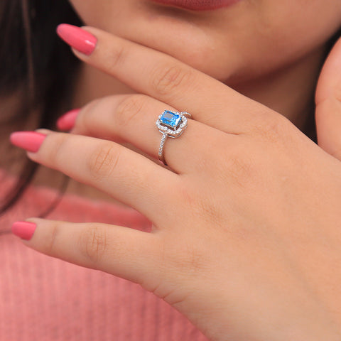 Silver Cushion Cut Blue Sapphire Ring