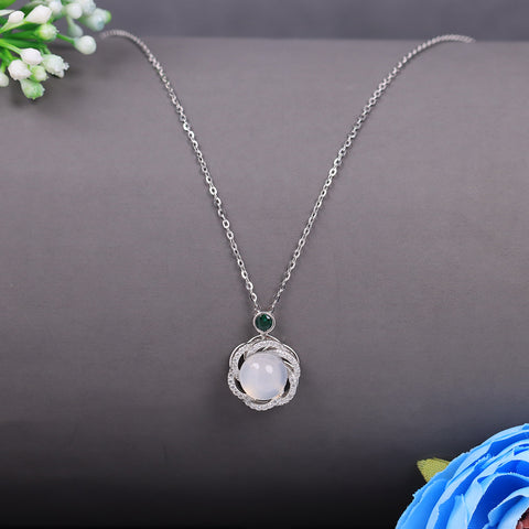 Silver Rotating Flower Stud Transparent Design Diamond Pendant With Chain
