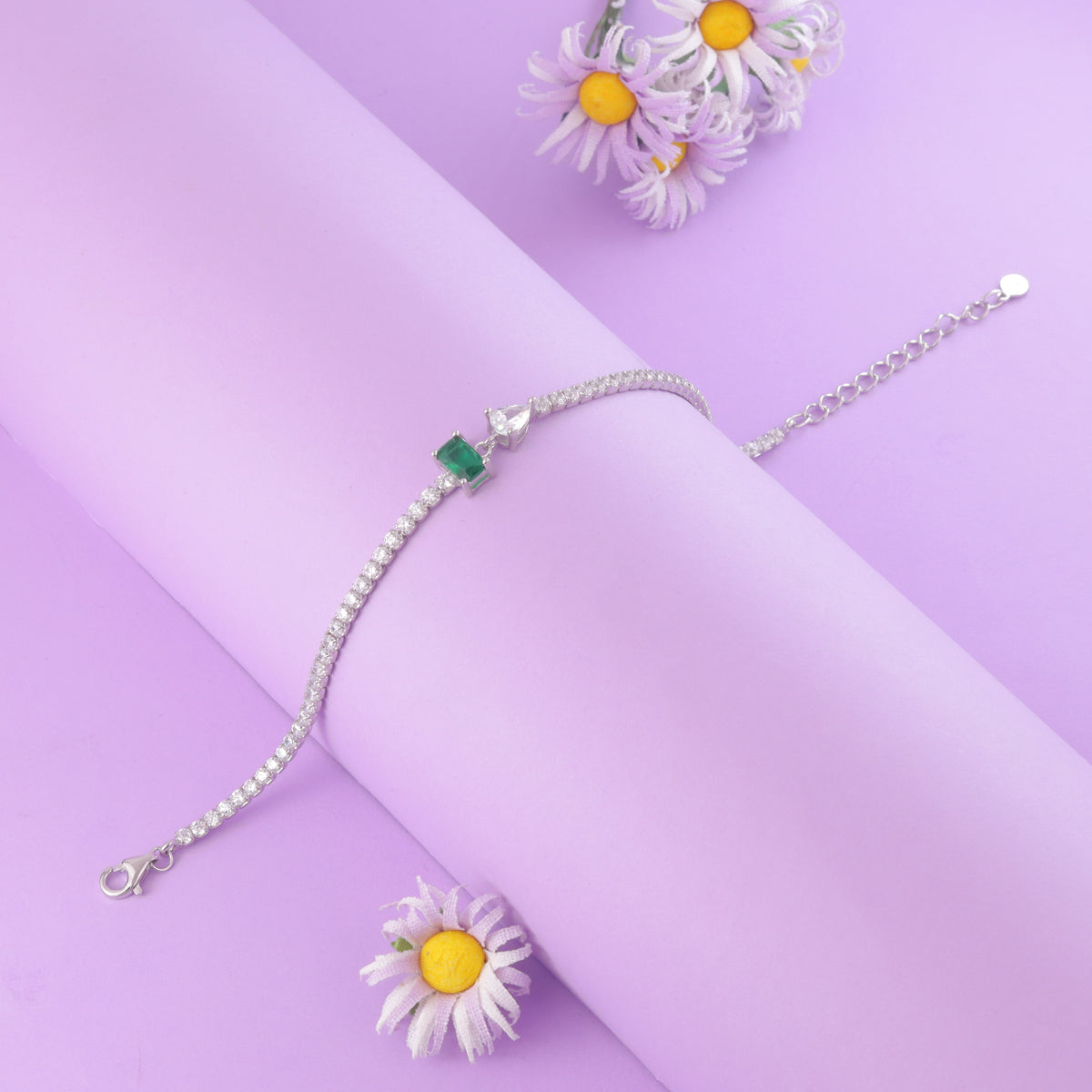 925 Sterling Silver Green Stone Adjustable Tennis Bracelet for Women