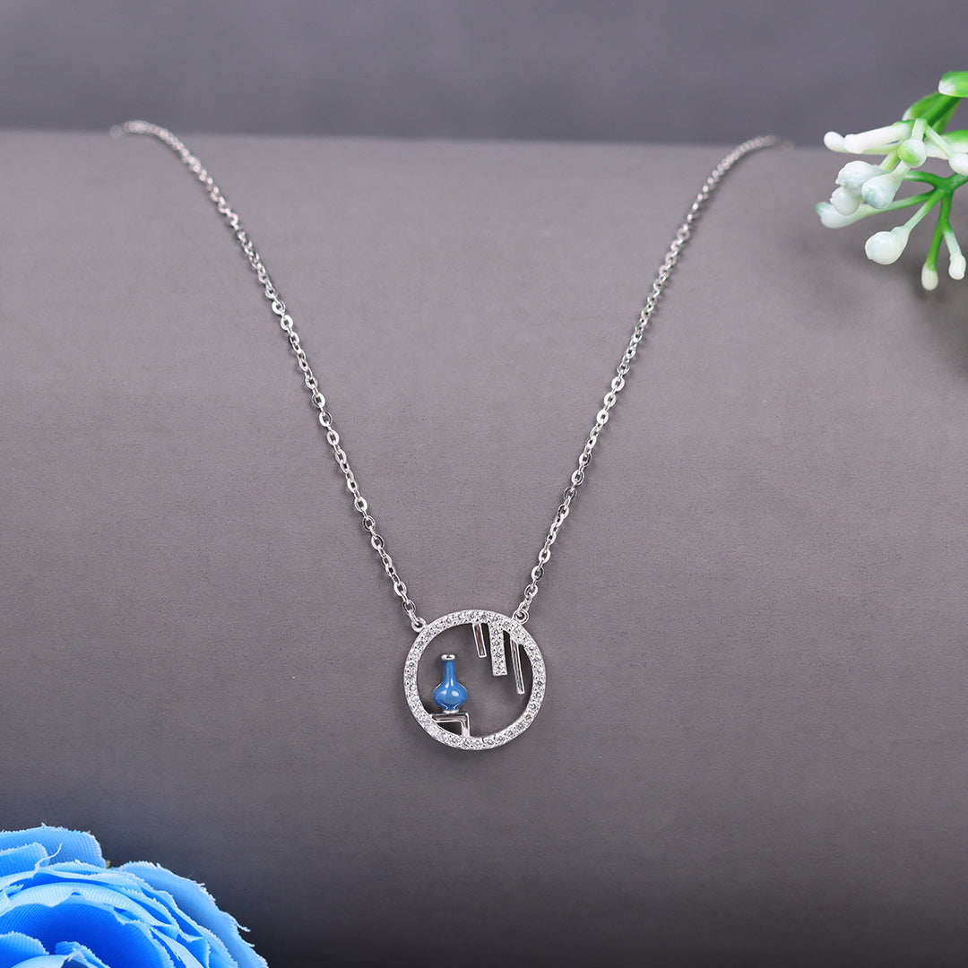 Silver Round With Blue Vase Pendant With Chain