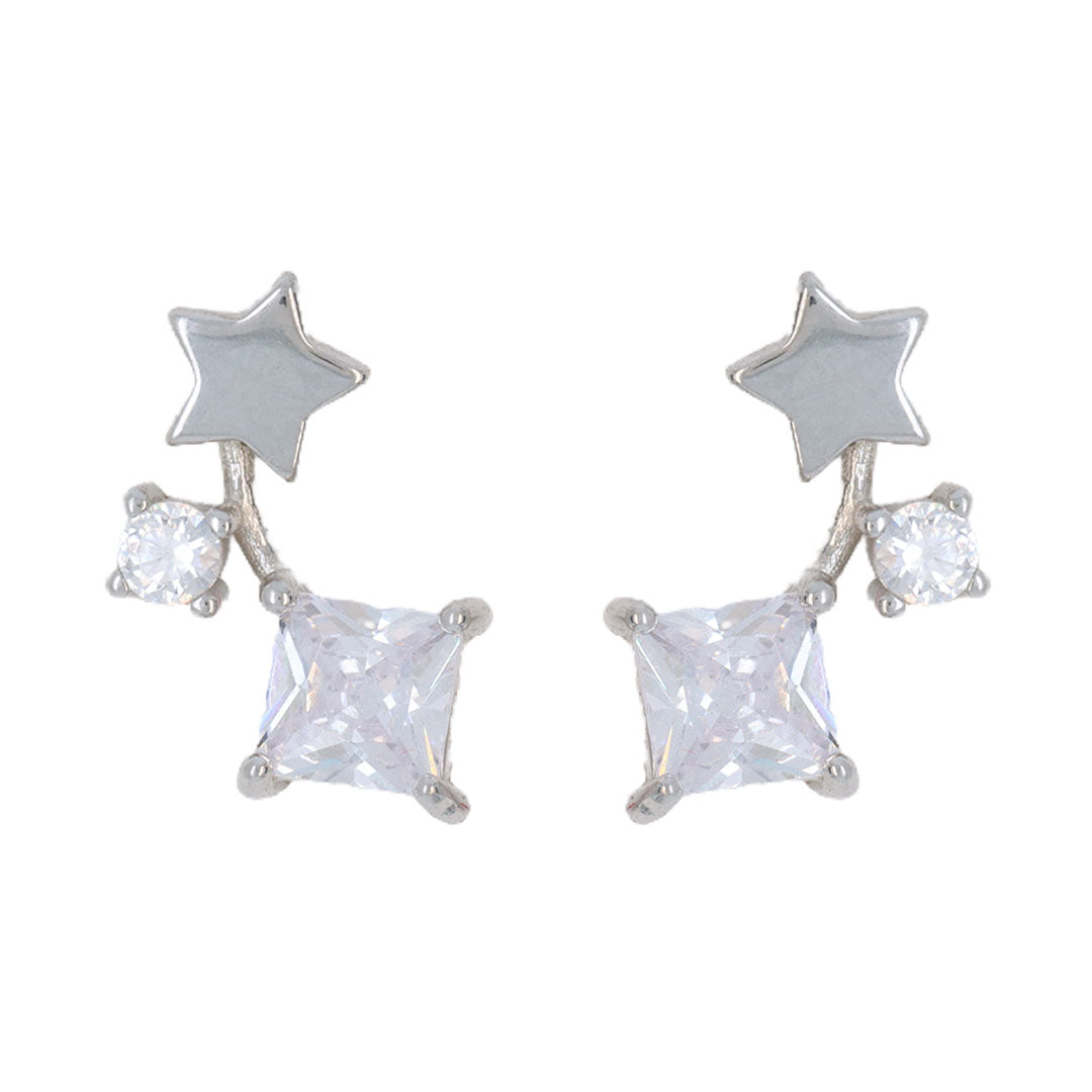 Star with hanging double square silver earrings