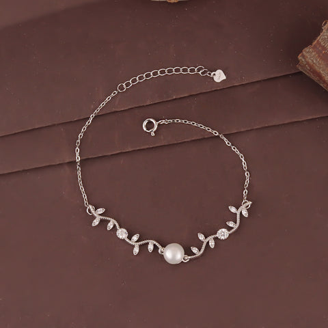 925 Silver Leaf Vine Pearl Bracelet for Women