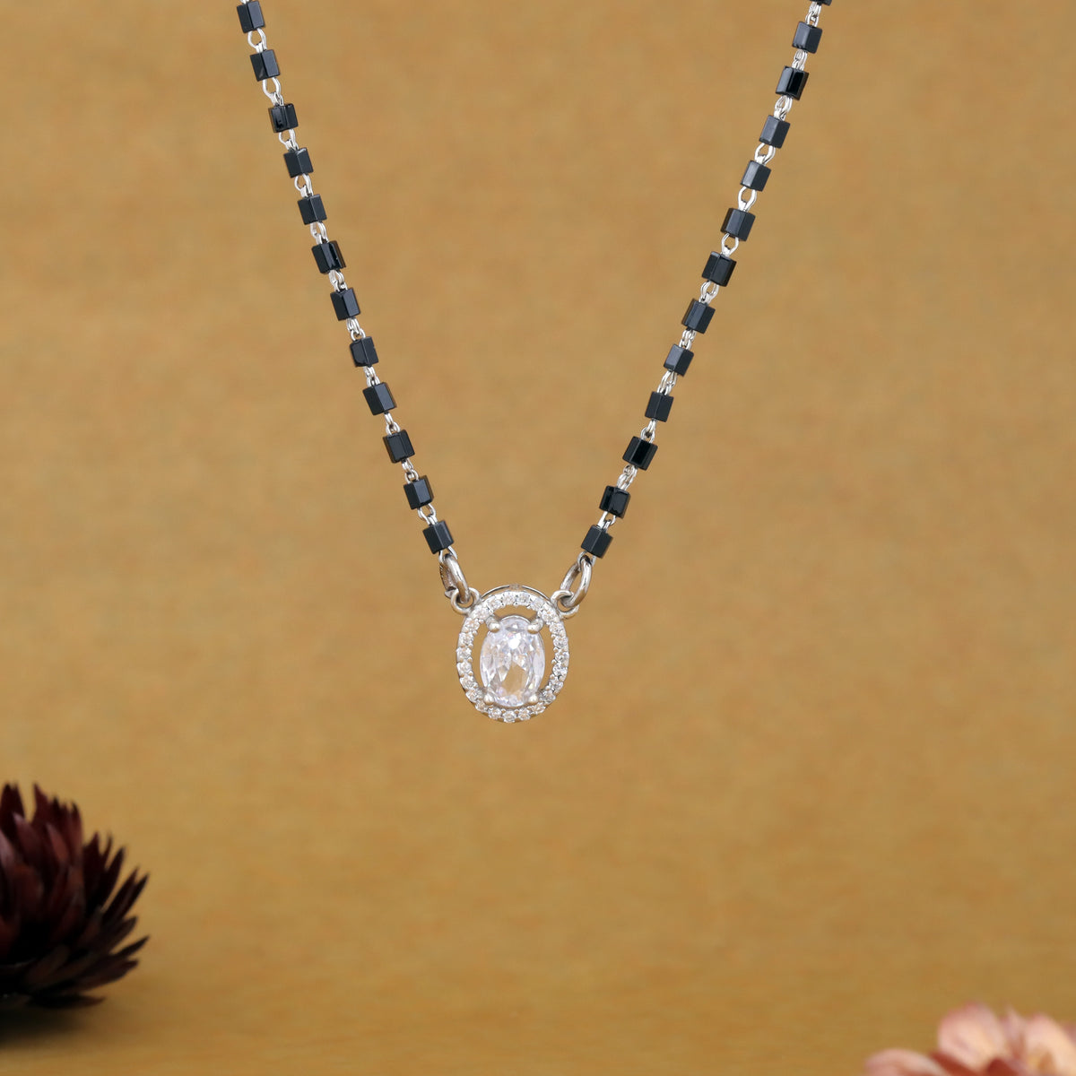 Silver  Oval Solitaire Mangalsutra For Women