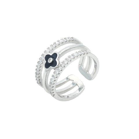 Sterling Silver Three Row  With Black Flower Adjustable Ring