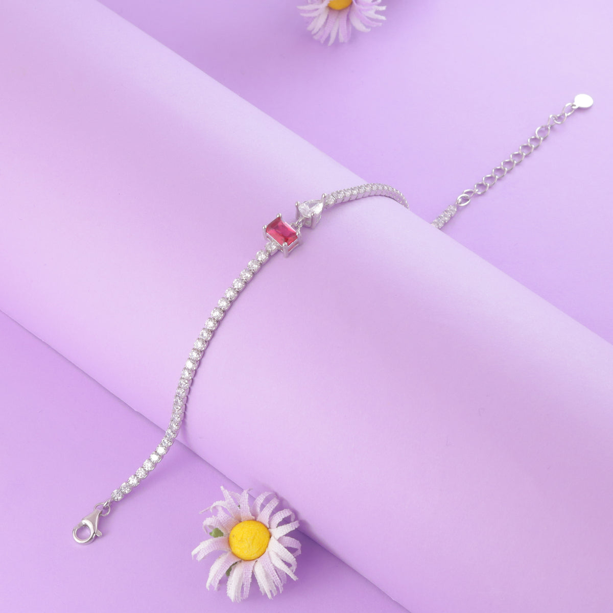 925 Sterling Silver Pink Stone Adjustable Tennis Bracelet for Women