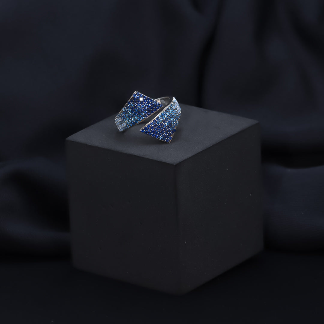 Silver blue sapphire diamonds adjustable cocktail ring