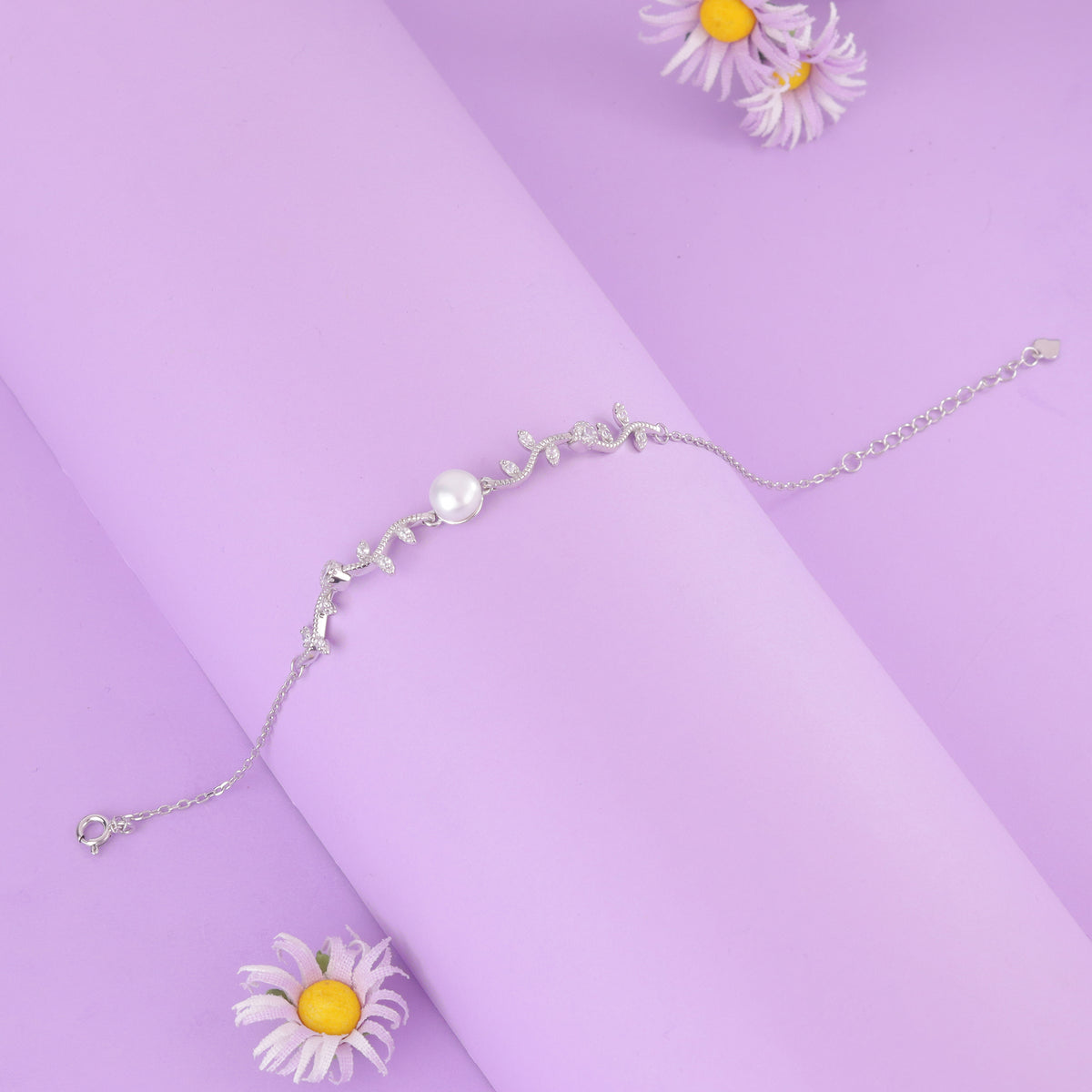 925 Silver Leaf Vine Pearl Bracelet for Women