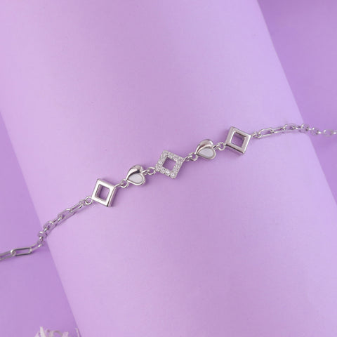925 Sterling Silver Heart & Square Charm Bracelet for Women