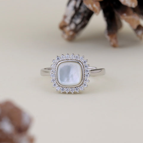 925 Sterling Silver Mother of Pearl Diamond Ring for Women