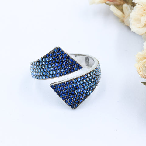 Silver blue sapphire diamonds adjustable cocktail ring