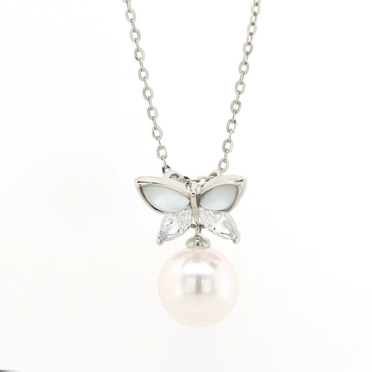 Silver Butterfly With Hanging Pearl Pendant With Chain
