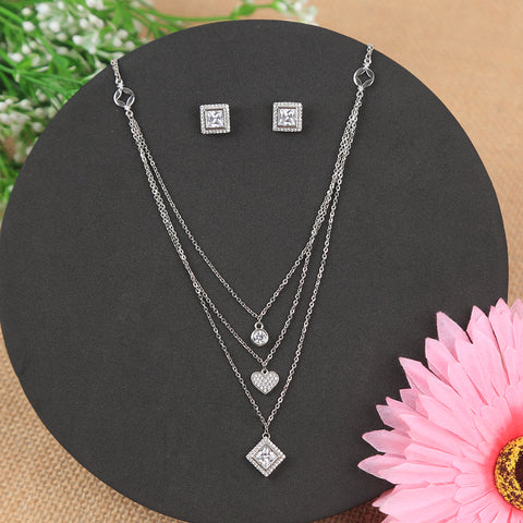 Silver Three Layered Heart With Square Shape Necklace With Earring