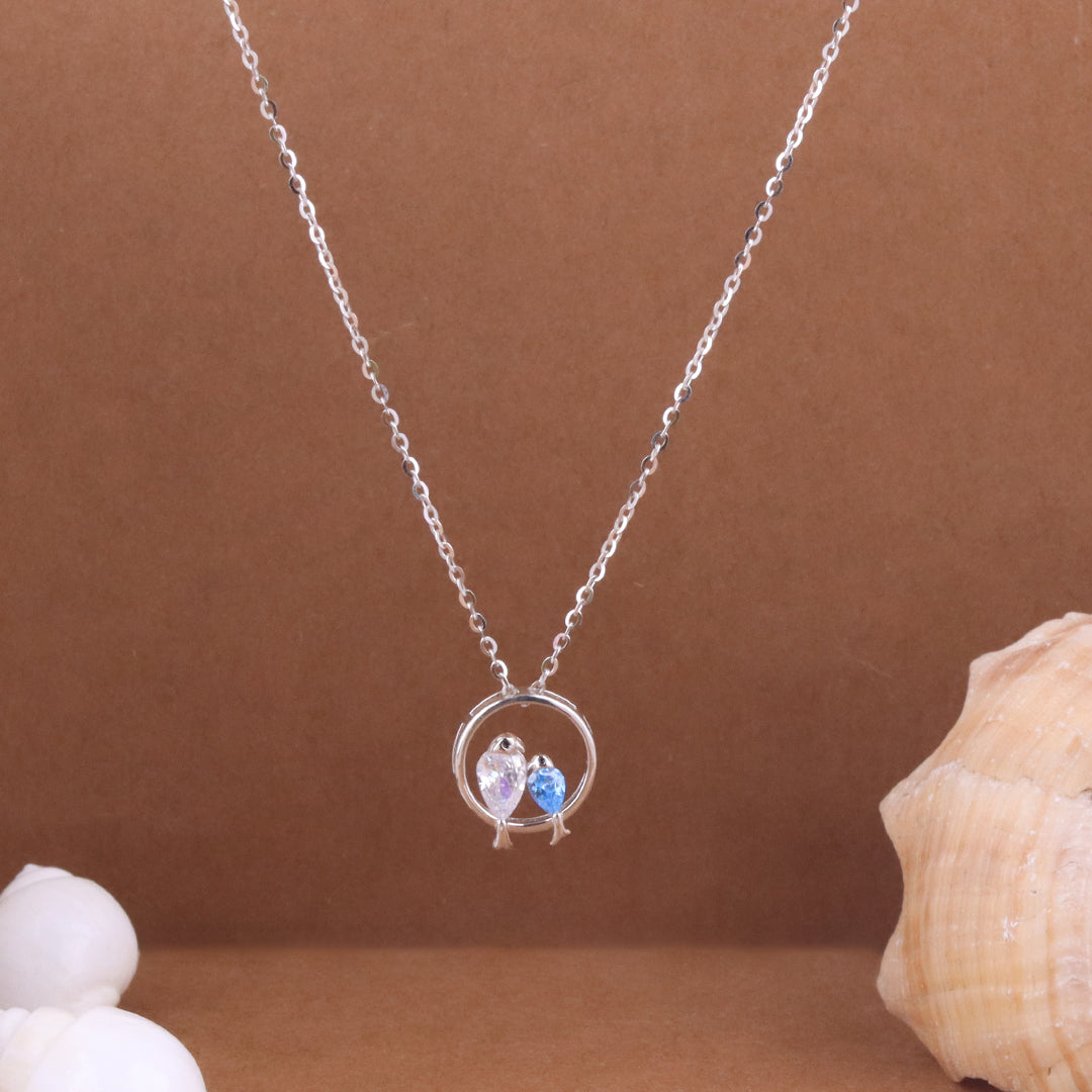 Silver Pink & Blue Love Bird Pendant With Chain