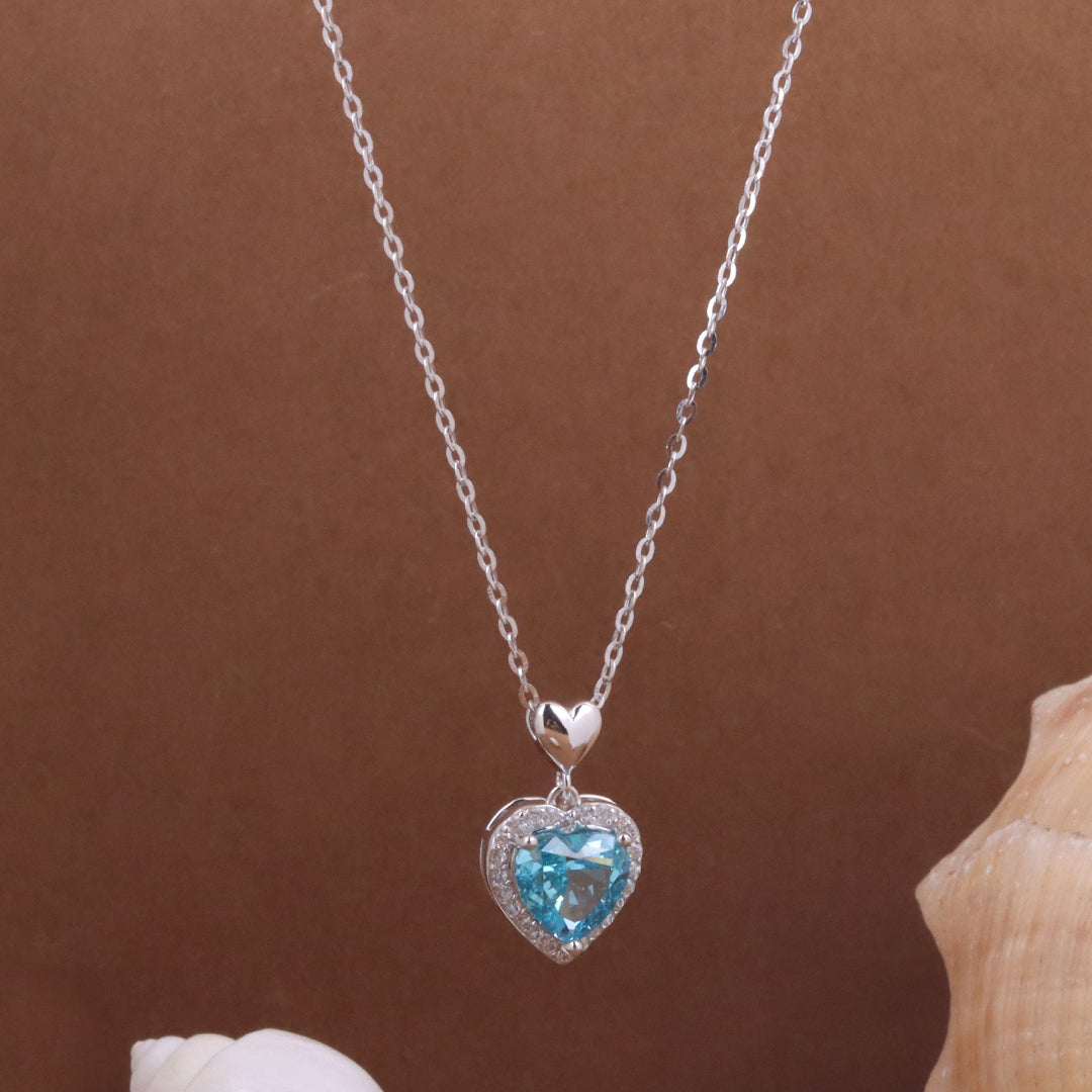 Silver Pink & Blue Diamond Heart  Pendant With Chain