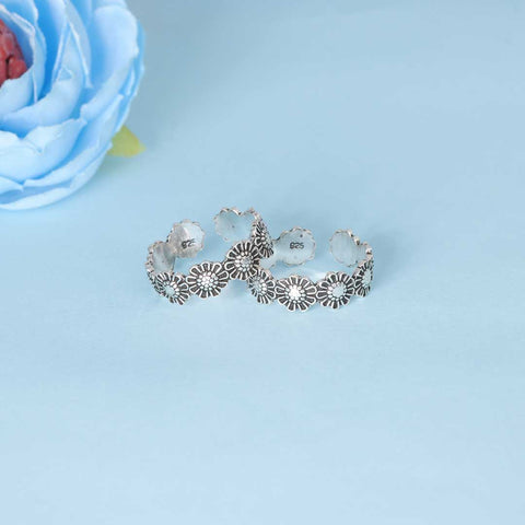 925 Sterling Silver  Oxidized Floral Toe Ring for Women