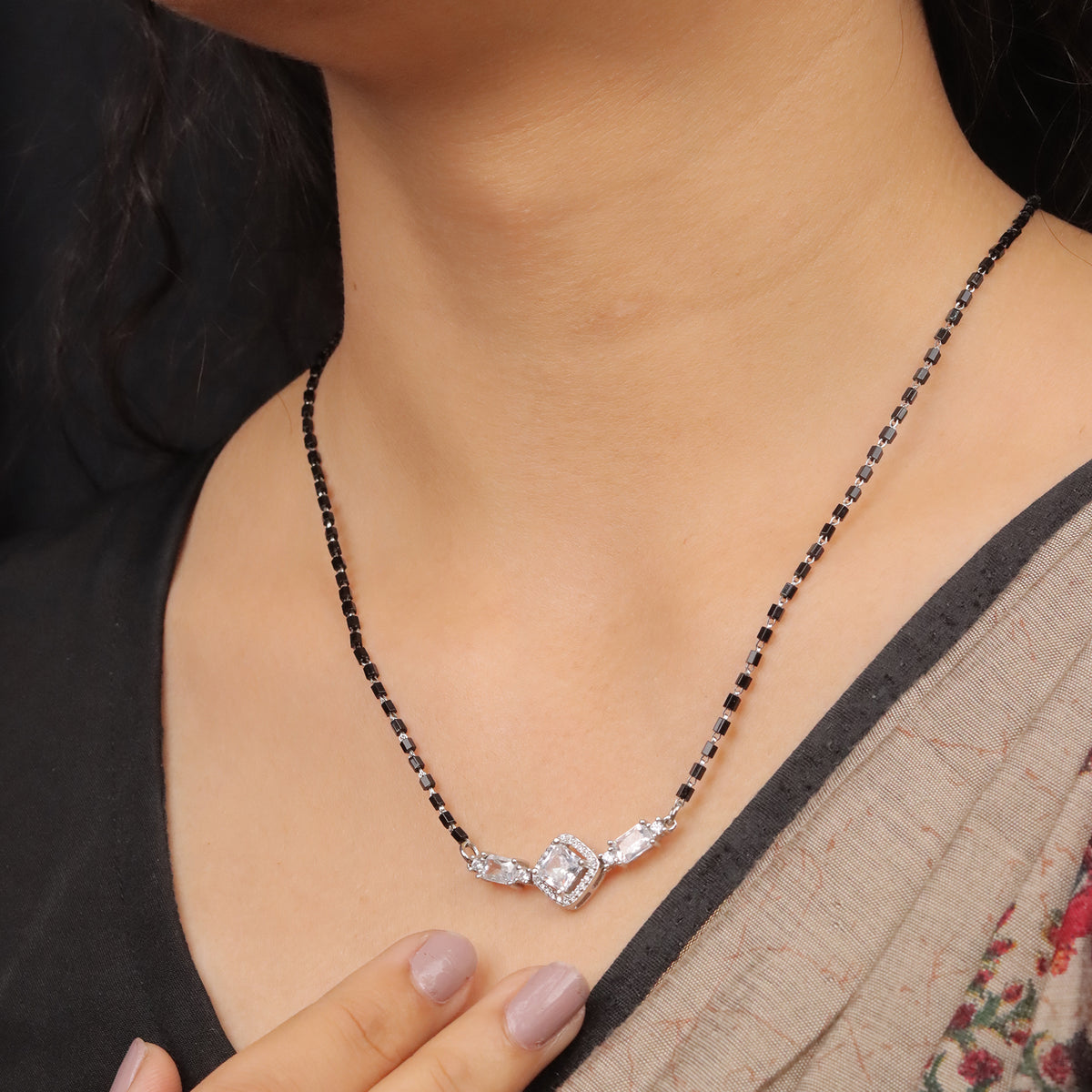 Regal Square Sparkle 92.5 Silver Mangalsutra For Women