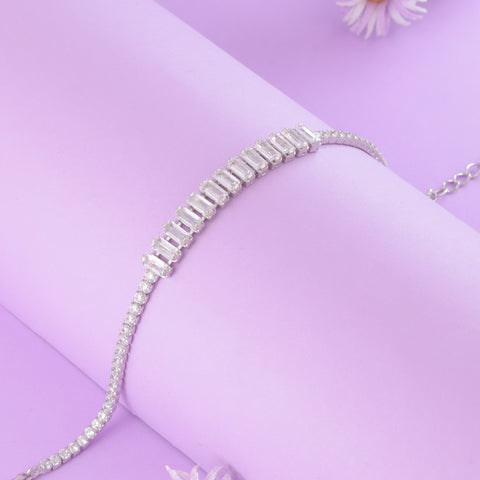 925 Sterling Silver  Baguette Cut Sparkle Tennis Bracelet For Women