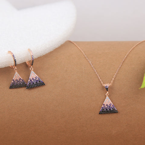 Rose Gold Triangle Multi Diamond Necklace With Earring