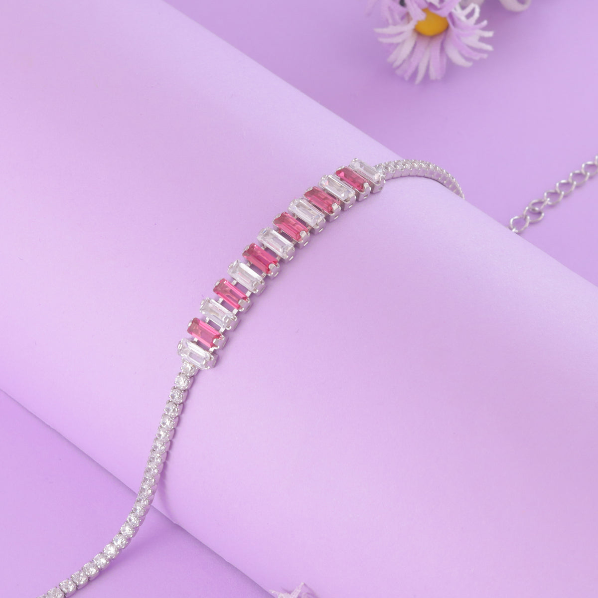 925 Sterling Silver  Pink Sapphire & Zircon Baguette Tennis Bracelet For Women