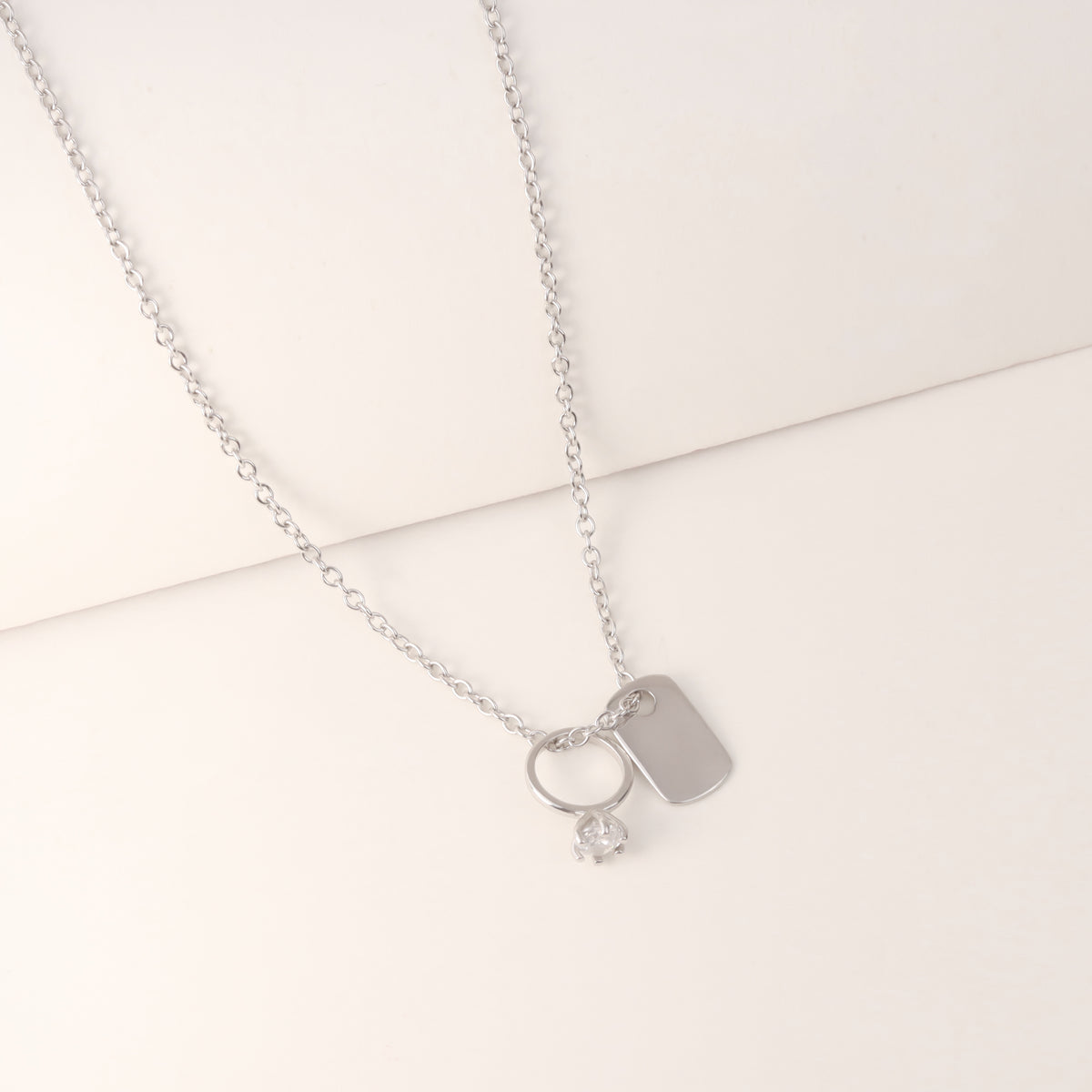 925 Sterling Silver Minimalist Charm  Ring & Dog Tag Pendant Chain