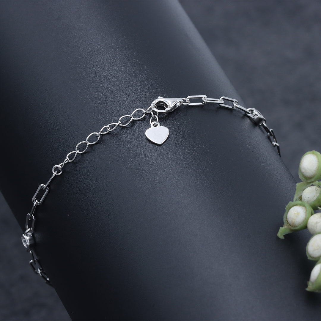 Silver paperclip chain birthstone green and white charm bracelet