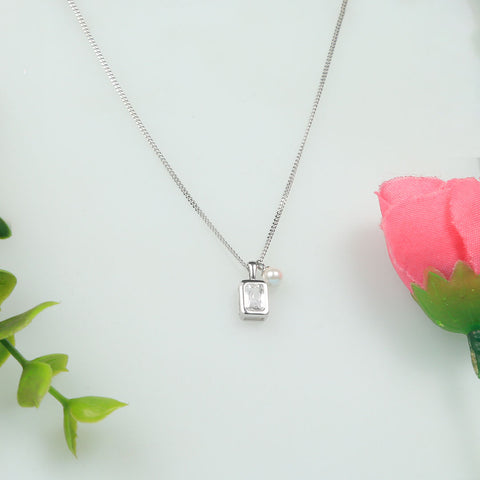 Silver Emerald Cut Square With Hanging Pearl Pendant With Chain