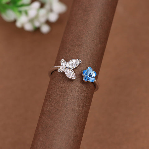 Silver CZ Diamond Butterfly With Blue Stone Floral Adjustable Ring