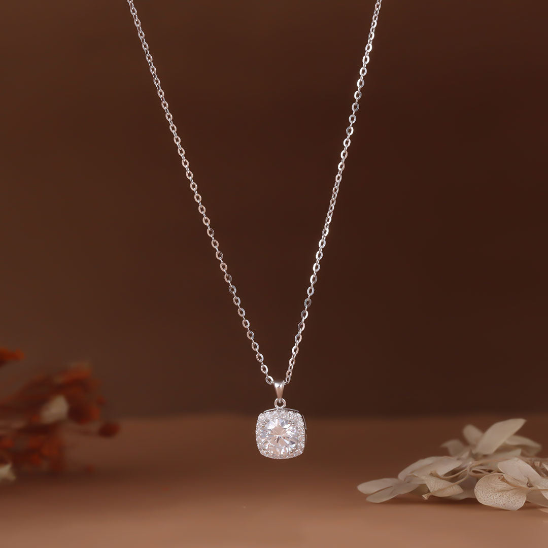 Silver square diamond pendant with chain
