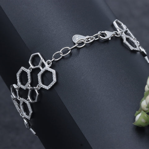 Silver hexagon link double layer diamond bracelet