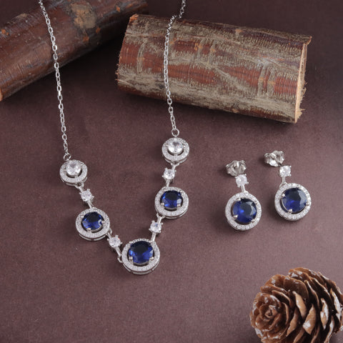 925 Sterling Silver Blue Sapphire CZ Necklace & Earrings Set