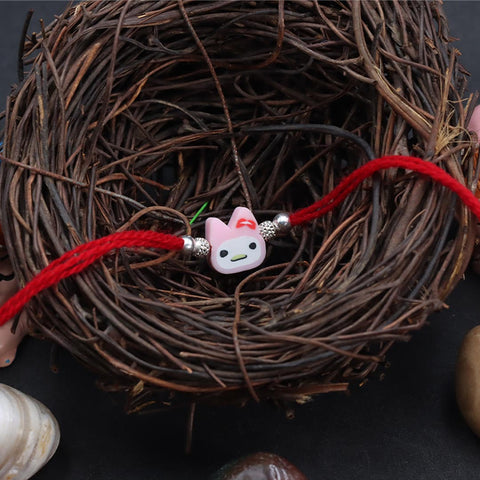 Lucky Cat With Silver Beads Kids Rakhi