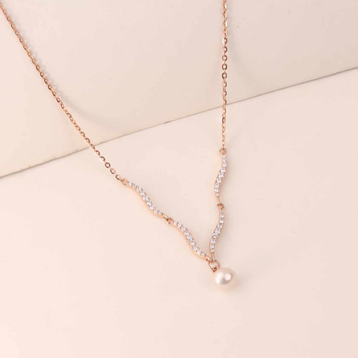925 Sterling Silver Rose Gold Pearl Wave Pendant Chain