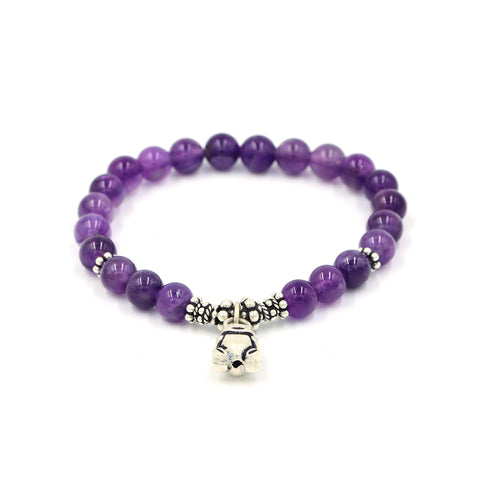 Purple Gems Stone Stretch Bracelet in Sterling Silver Teddy Bear