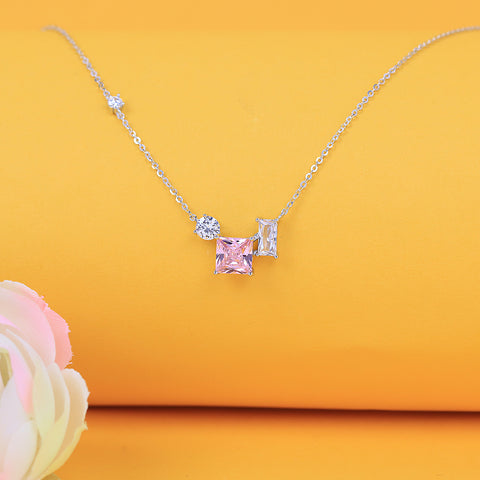 Silver Square Pink and White Sapphire Pendant With Chain