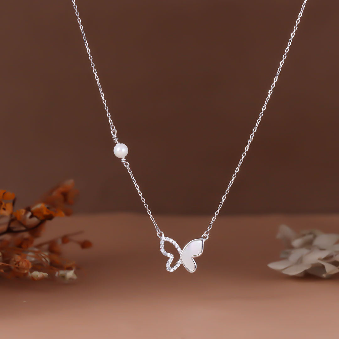 Silver butterfly with mother of pearl diamond pendant with chain