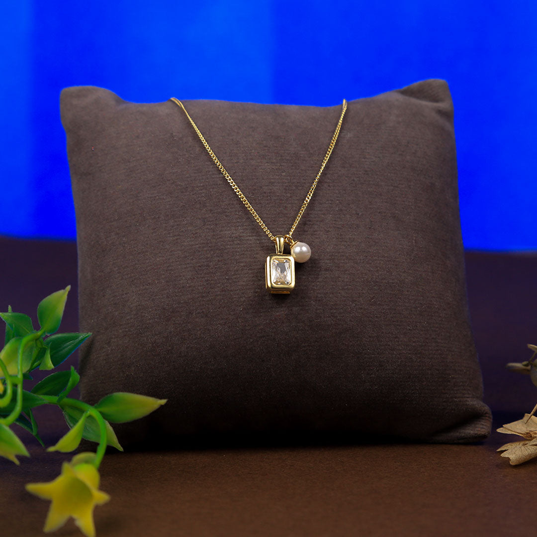 Gold Plated Emerald Cut Square With Hanging Pearl Pendant With Chain