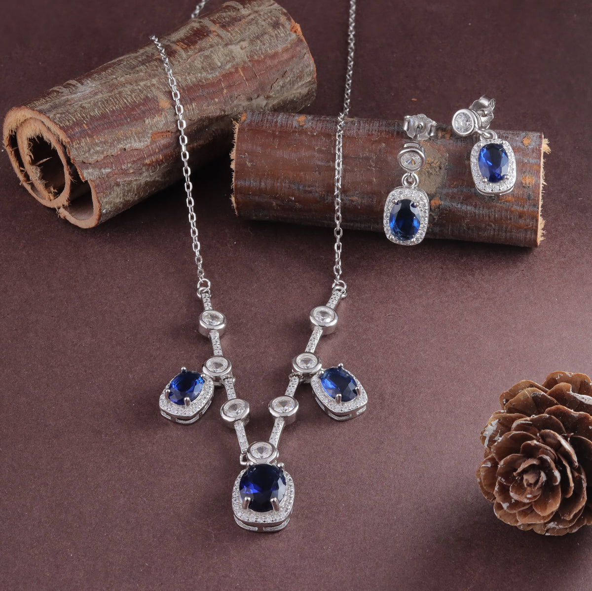 925 silver Royal Sapphire Necklace & Earrings Set