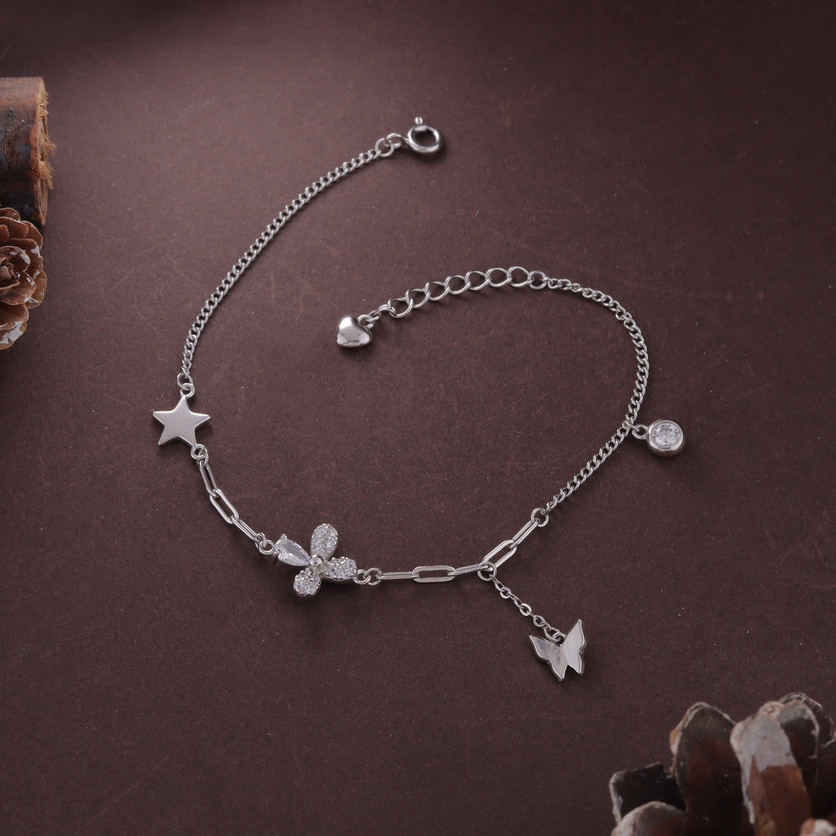 Butterfly & Star 92.5 Sterling Silver Charm Bracelet For Women