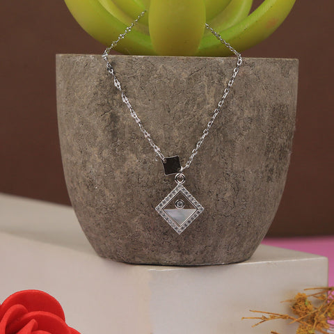 Silver Half Glitter Mother of Pearl With Detail Rhombus Pendant With Chain