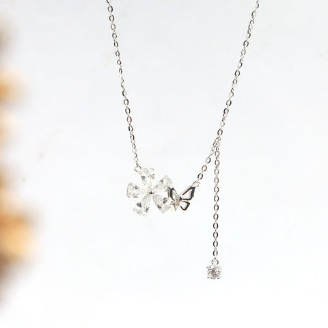 Silver Cz Flower With Butterfly Pendant With Chain