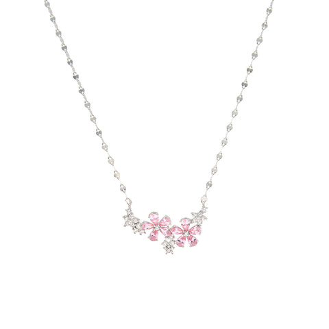 Silver Pink And White Diamond Flowers Pendant With Chain