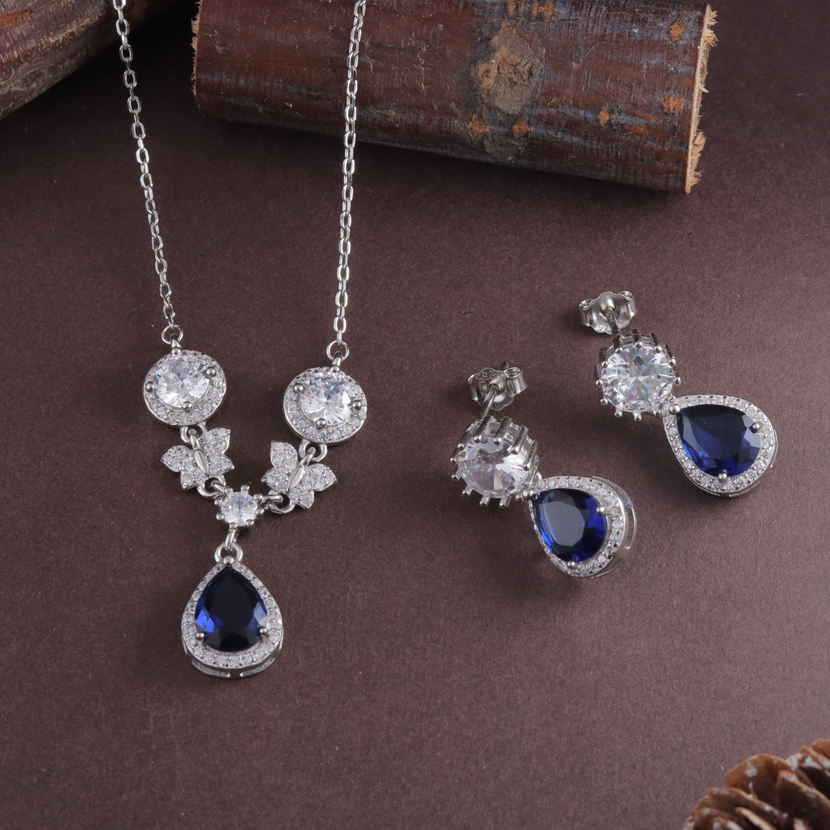 925 Sterling Silver Sapphire Teardrop CZ Necklace & Earrings Set