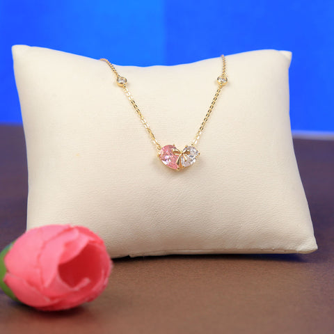 Gold Plated Pink and White Sweet Heart Bow Pendant With Chain