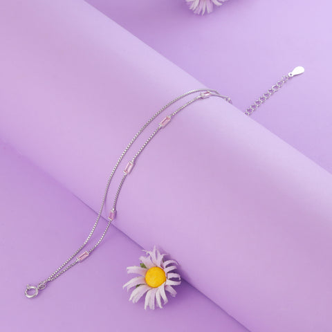 925 Sterling Silver Double Chain Pink Baguette Stone Bracelet for Women