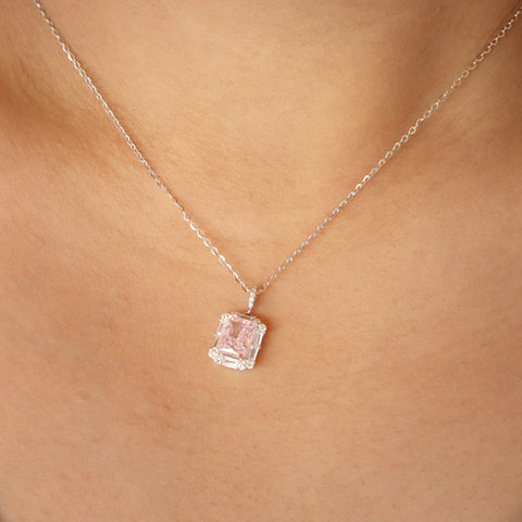 Silver Pink Solitaire Pendant With Chain