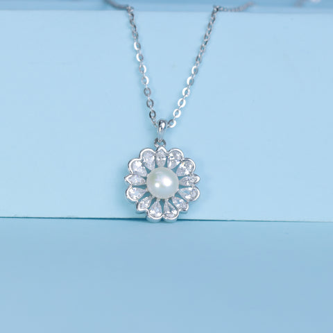 925 Sterling Silver Daily Ware Floral Pearl Pendant Necklace for Women