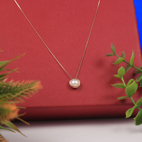 Rose Gold Round Stud Pearl Pendant With Chain